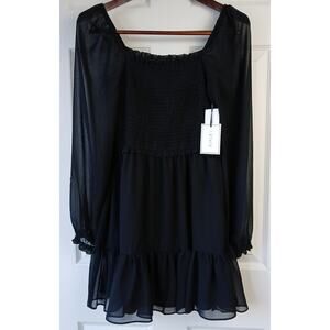 1.State Smocked Ruffle Hem Long Sleeve Mini Dress S damaged NOS black chiffon